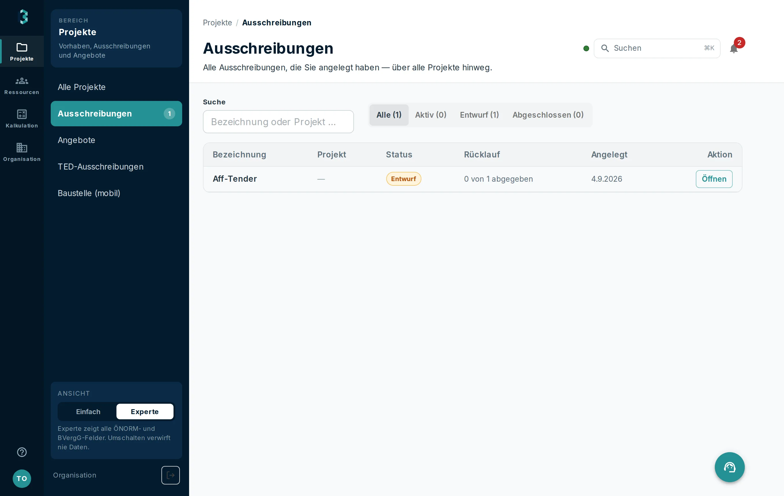 Liste der Ausschreibungen mit Status, Abgabefrist und Anzahl der Angebote