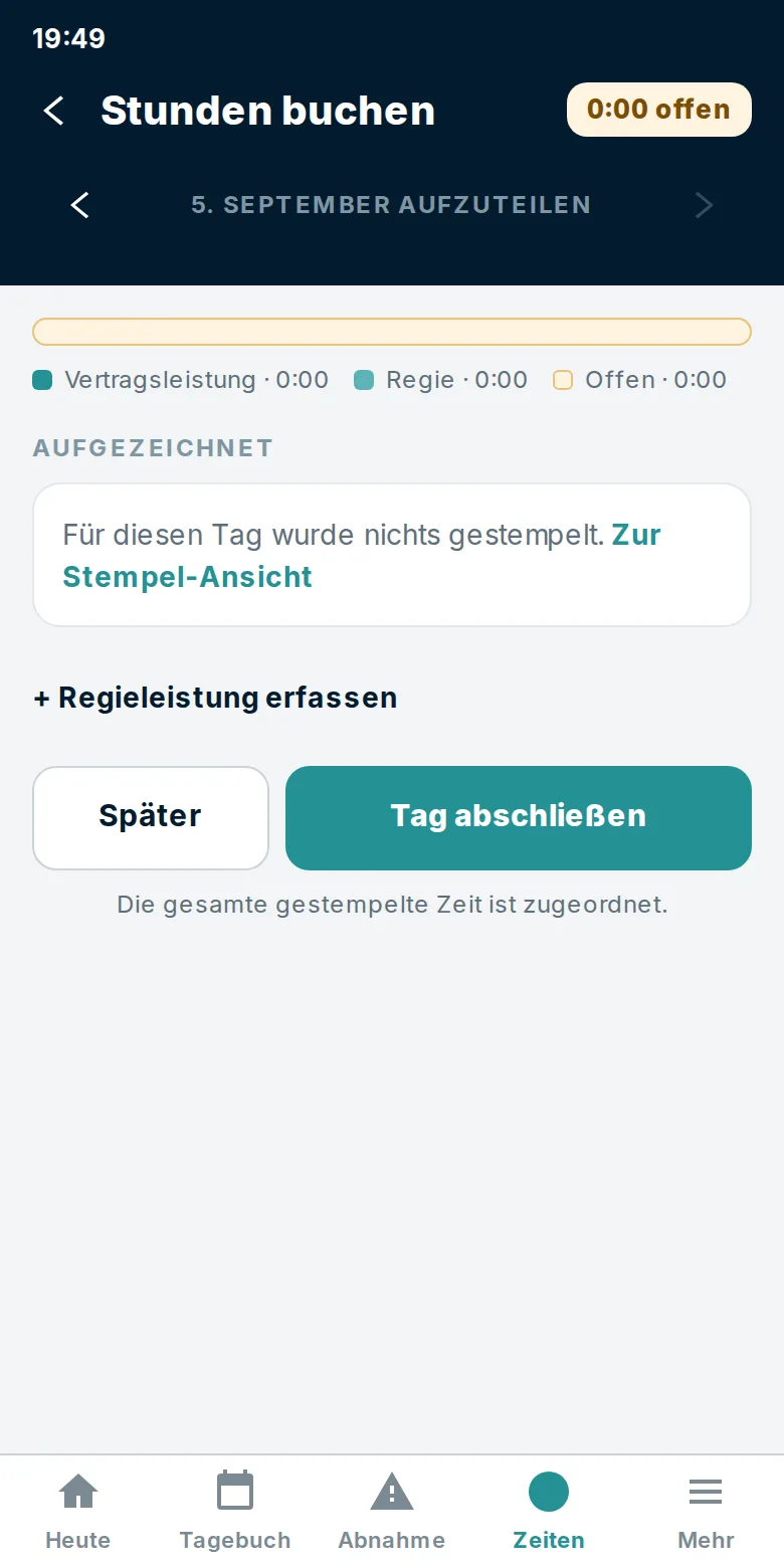 Buchungsansicht am Handy, in der gestempelte Zeit auf Leistungen aufgeteilt wird