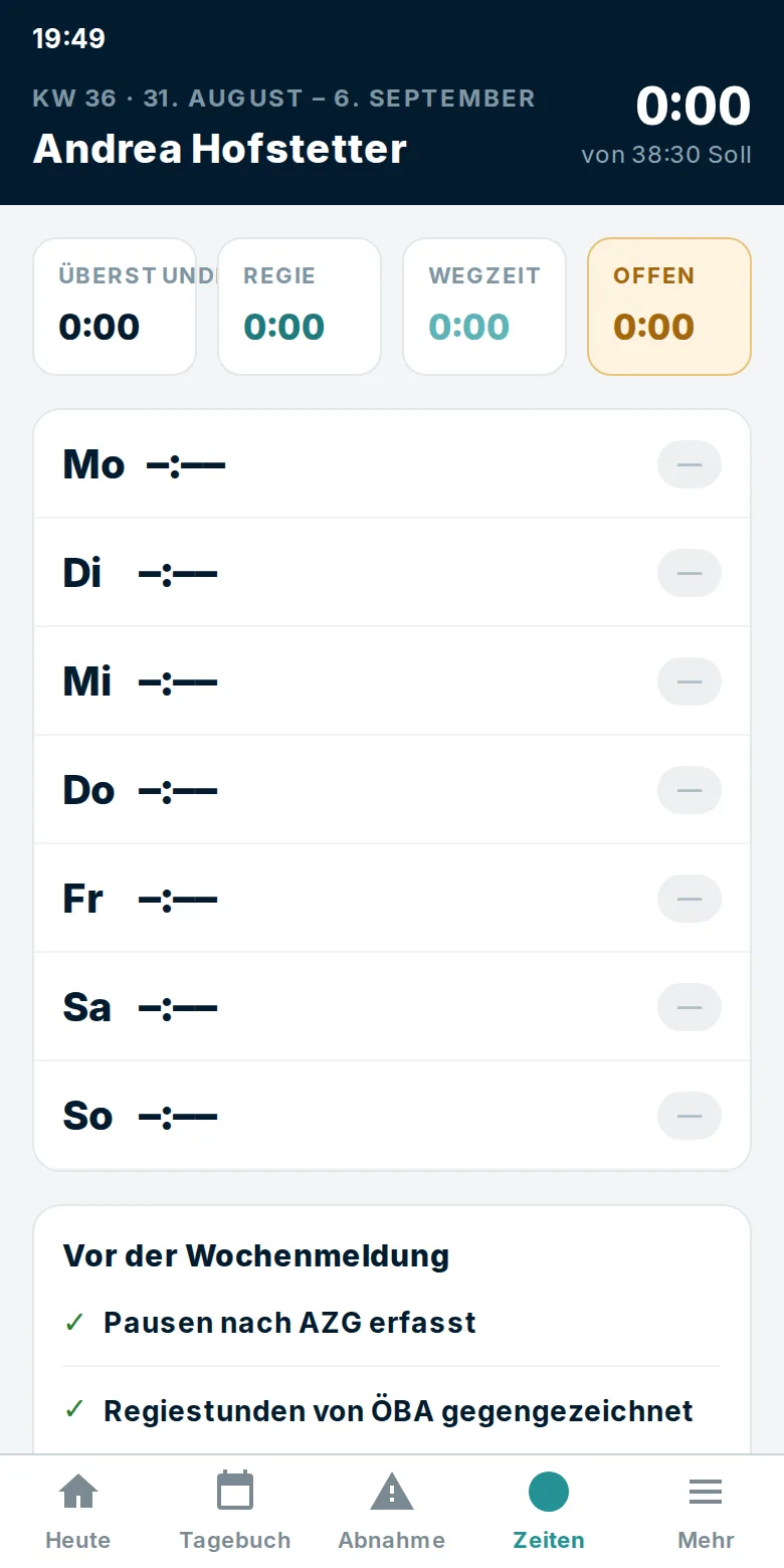 Wochenübersicht am Handy mit Soll- und Ist-Stunden je Tag und den Punkten vor der Wochenmeldung