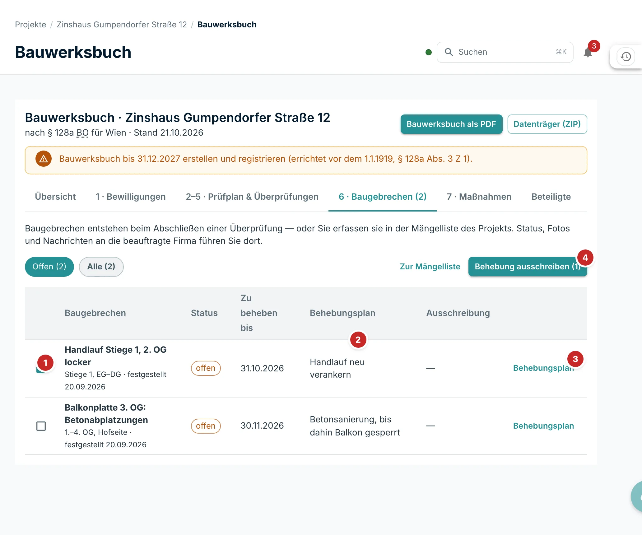 Verzeichnis der Baugebrechen mit den Nummern 1 bis 4