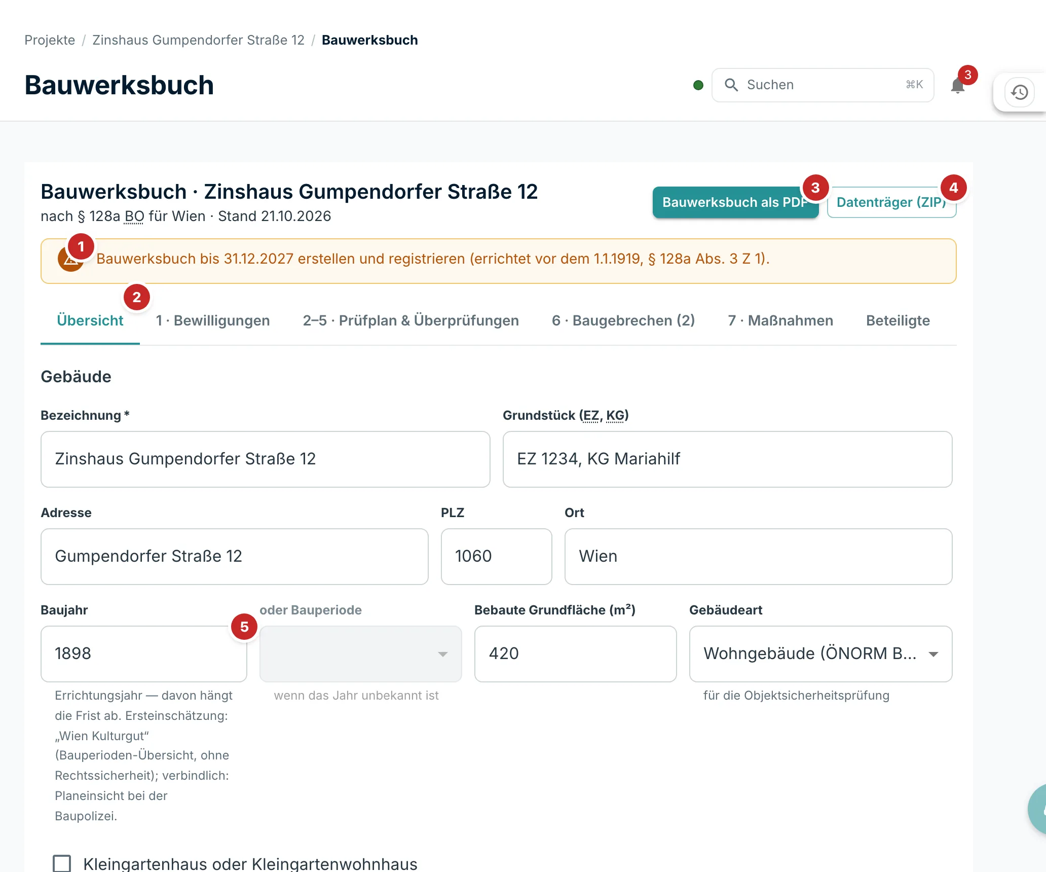 Übersicht des Bauwerksbuchs mit den Nummern 1 bis 5