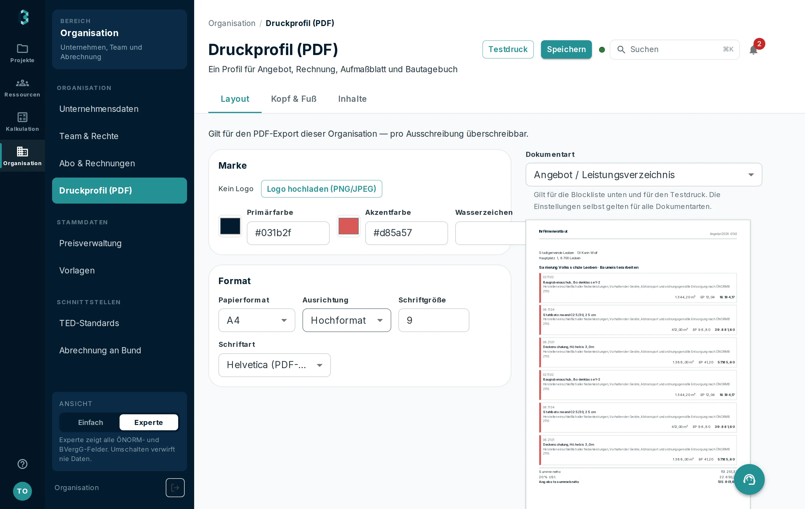 Druckprofil mit Logo, Farbwahl, Formateinstellungen und PDF-Vorschau