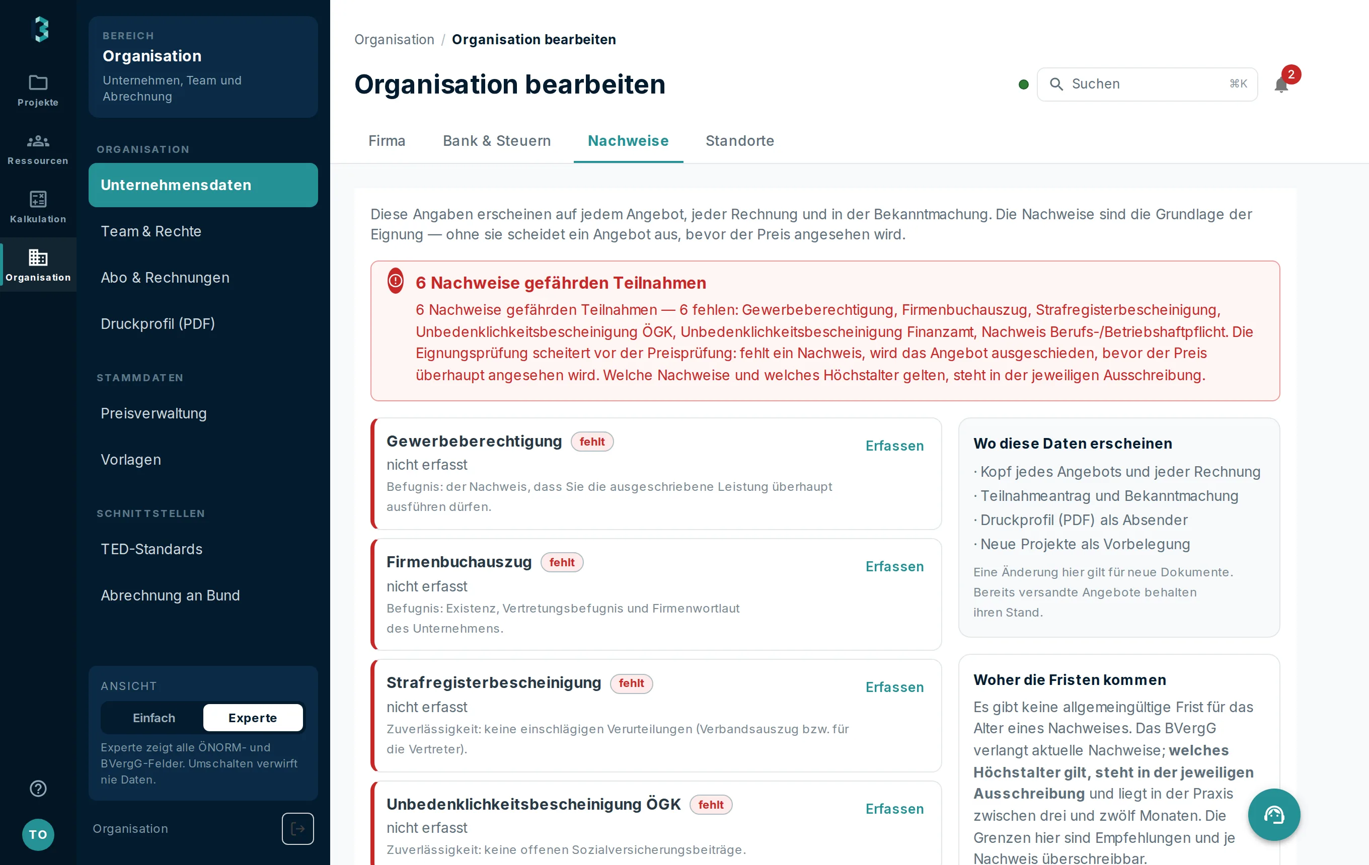 Nachweisverwaltung mit fälligen und hinterlegten Unternehmensnachweisen