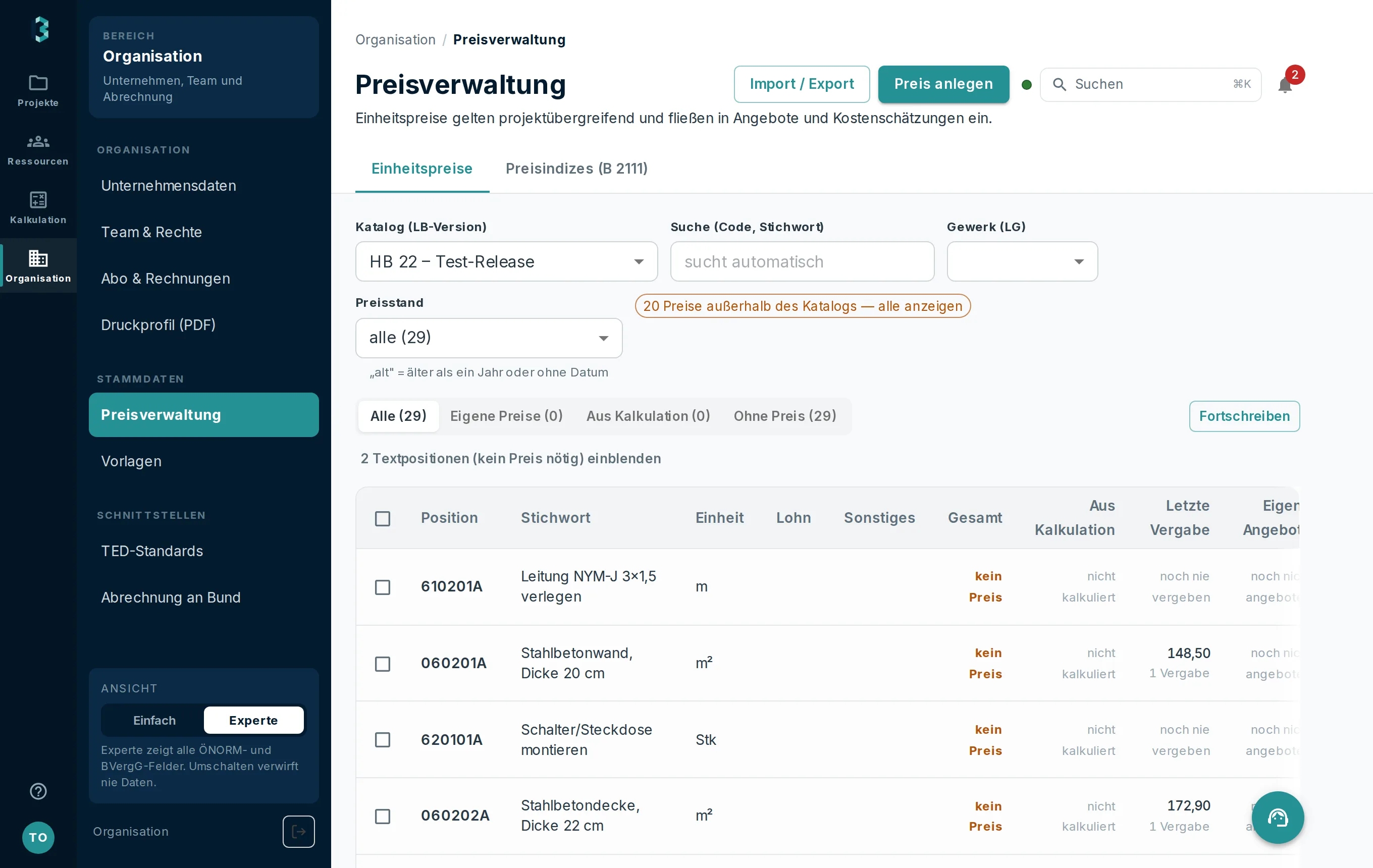 Preisverwaltung mit eigenen Positionspreisen, Katalogzuordnung und Import/Export