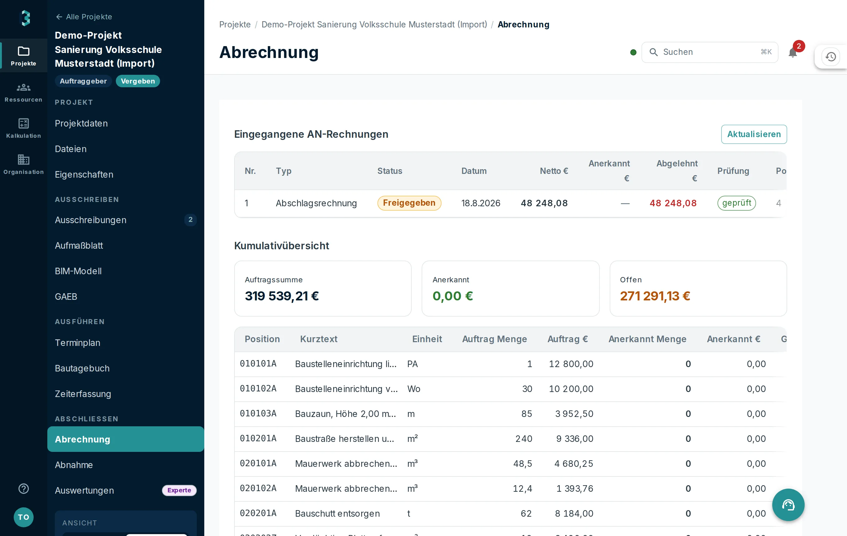 Abrechnungsseite mit eingegangenen Rechnungen, Kumulativübersicht und Prüfstatus
