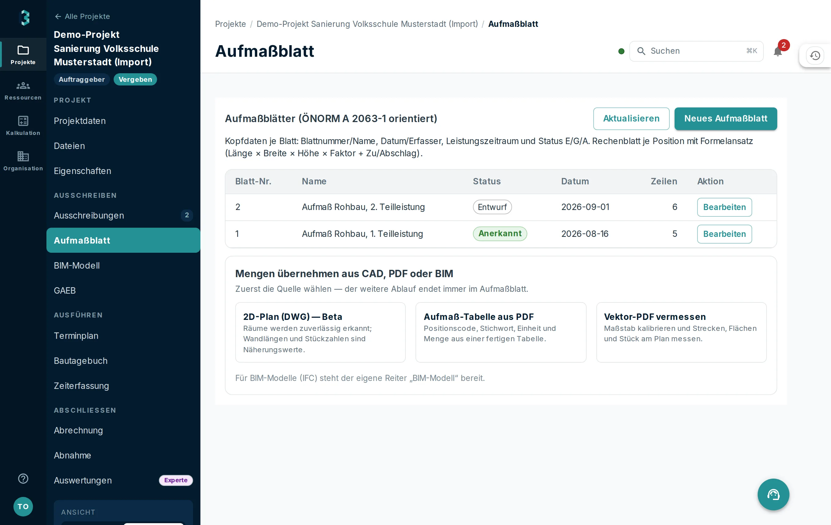 Aufmaßblatt nach ÖNORM A 2063 mit Kopfdaten und den erfassten Blättern