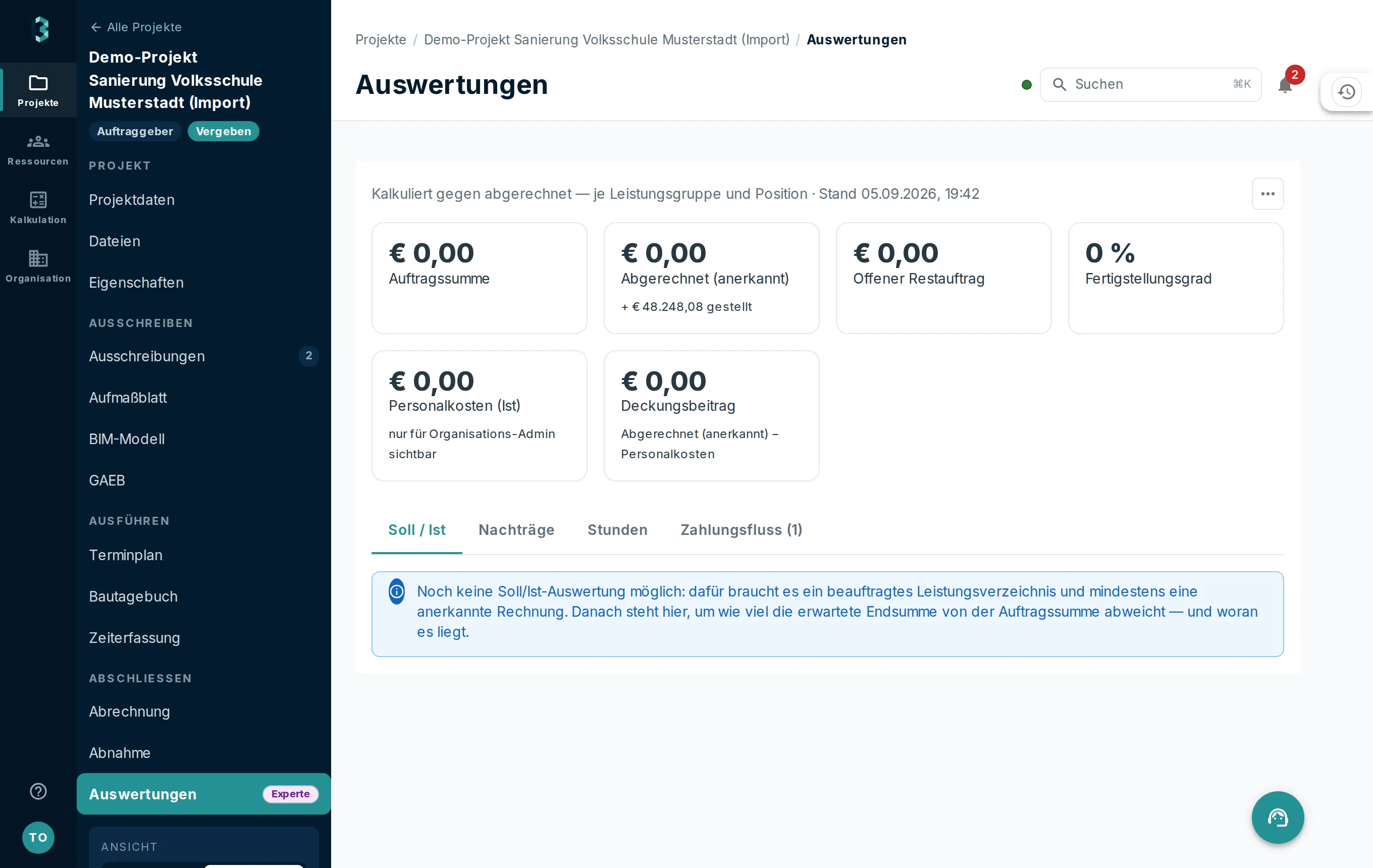 Auswertungsseite mit Kennzahlenkacheln zu Auftragssumme, Abrechnung und offener Leistung