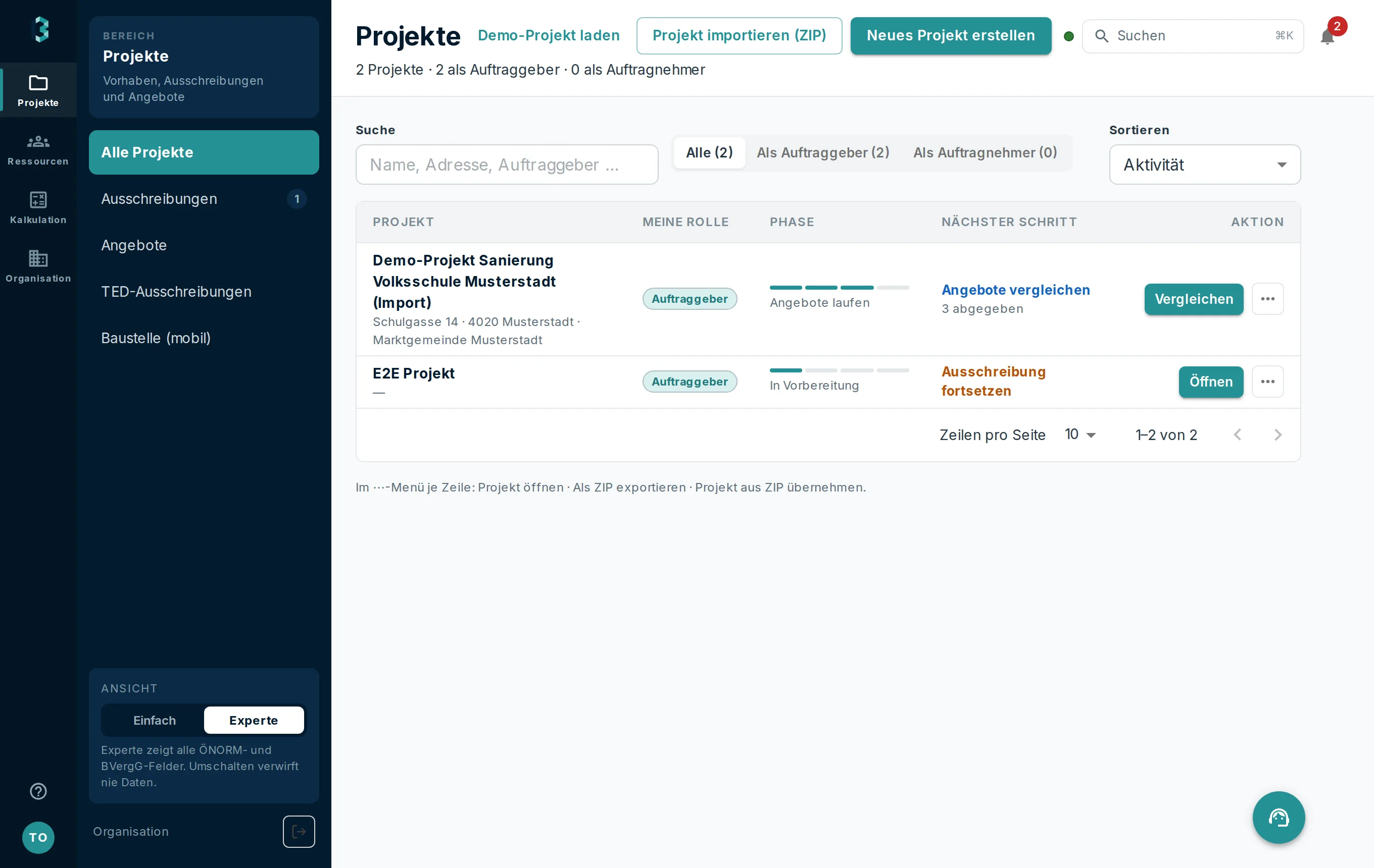 Projektliste mit Filterleiste, Statuskennzeichen und der Schaltfläche für ein neues Projekt