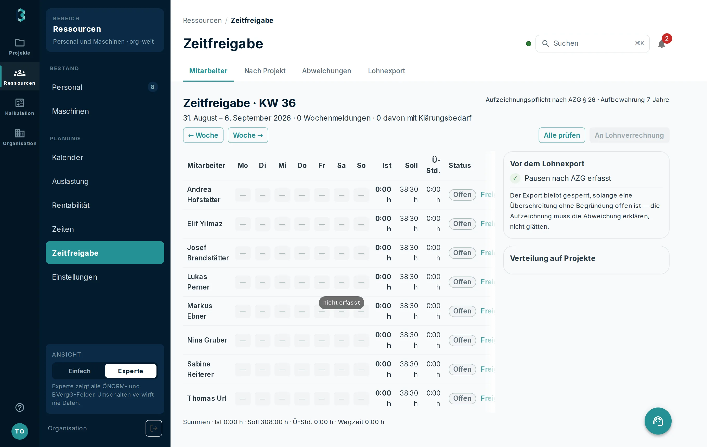 Zeitfreigabe im Büro mit einer Wochentabelle je Mitarbeiter und dem Freigabestatus