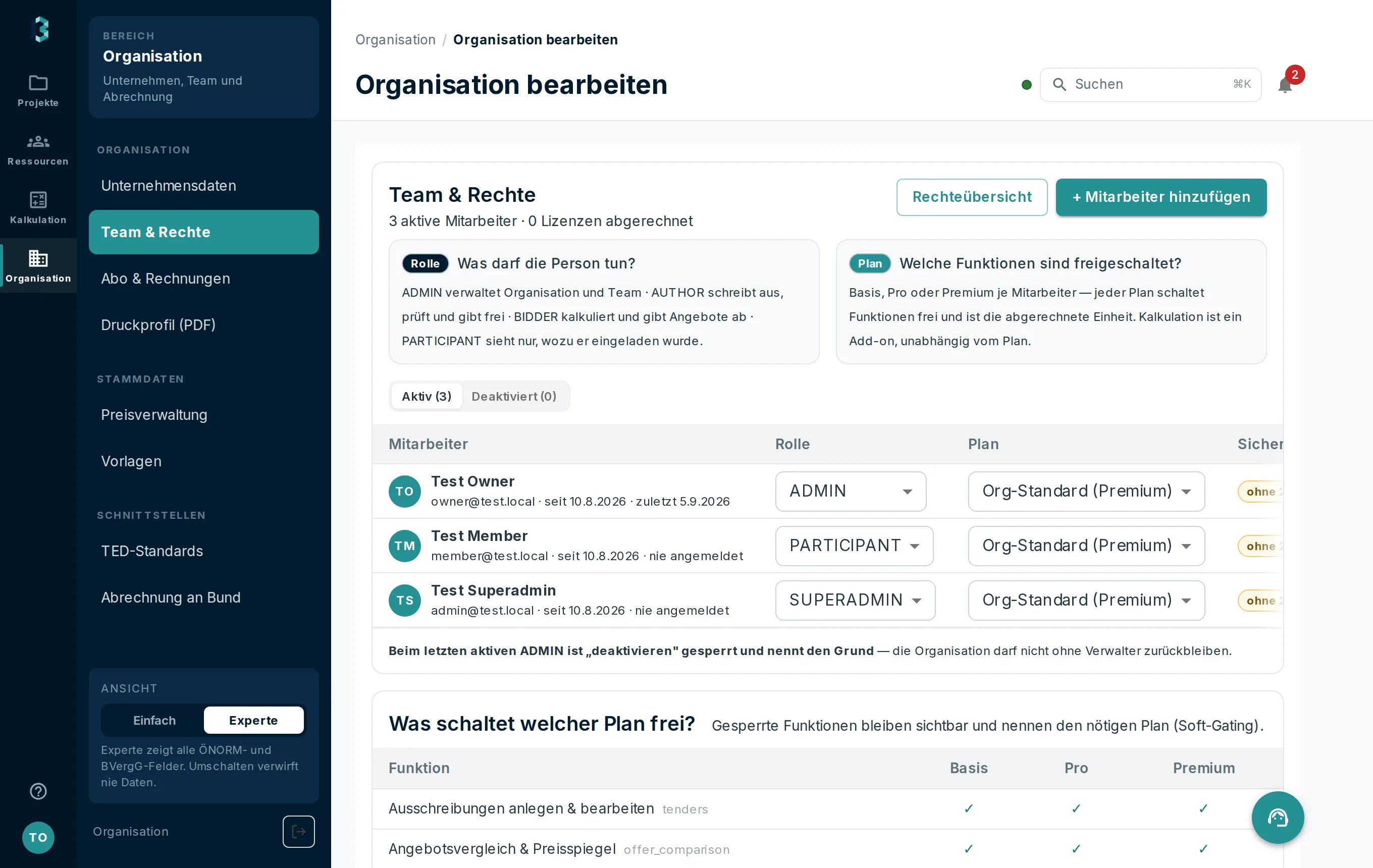 Teamverwaltung mit Mitgliedern, ihren Rollen und den zugewiesenen Lizenzen