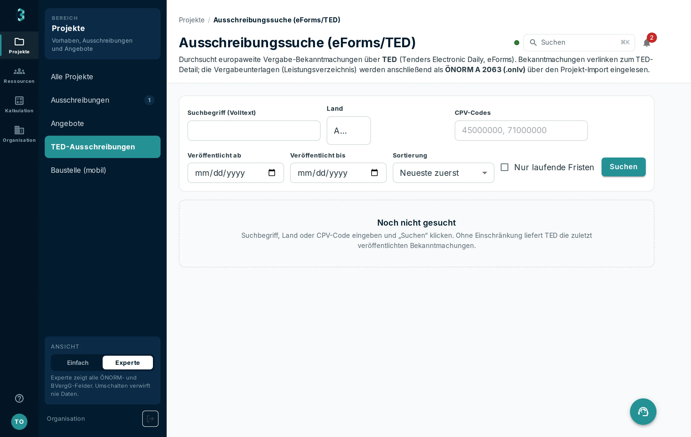 Ausschreibungssuche über eForms/TED mit Suchbegriff, Land, CPV-Codes und Fristfilter