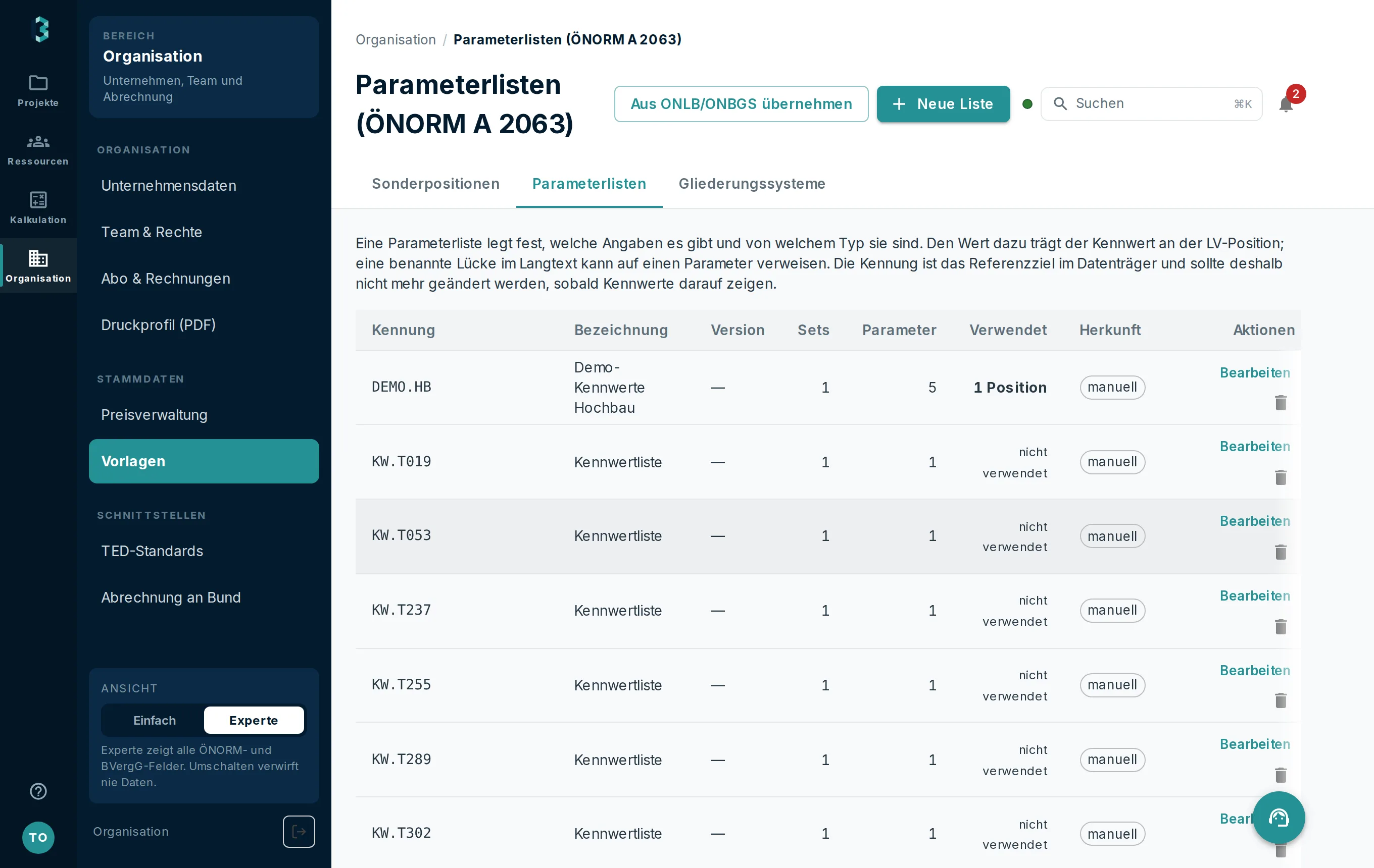 Parameterlisten nach ÖNORM A 2063 mit Kennwerten und ihren zulässigen Werten